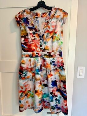 Multicolor Abstract Print Cap Sleeve Satin Dress by Address